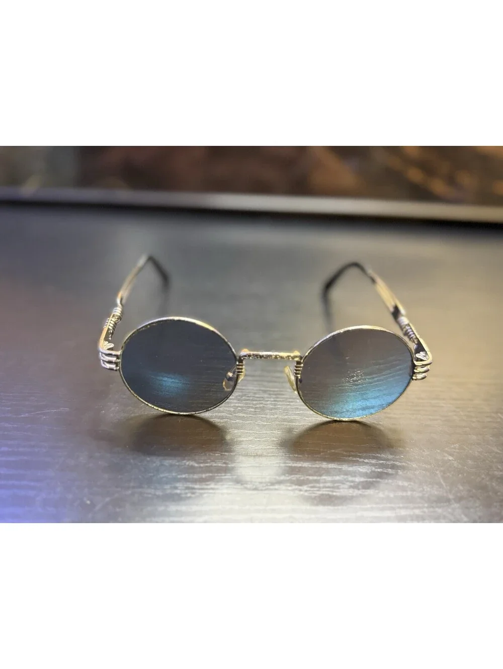 Retro Round Blue Lens Sunglasses Silver Metal Steampunk Wire Frame